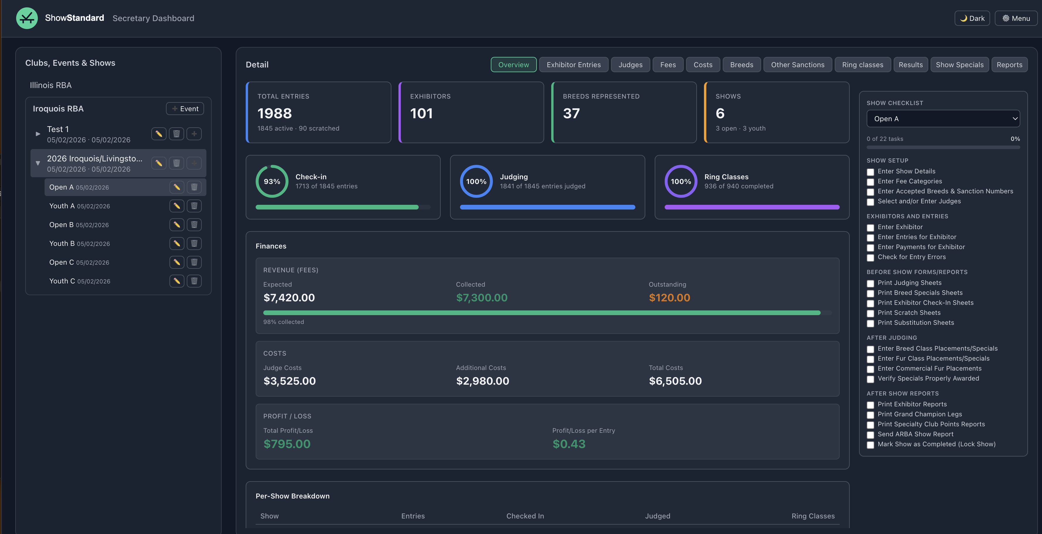 ShowStandard app dashboard showing show management interface